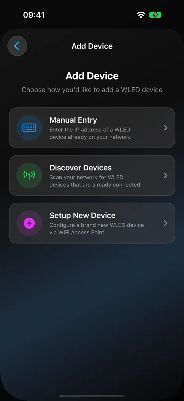 WLED Max Add Device screen on iPhone with three choices: Manual Entry, Discover Devices and Setup New Device