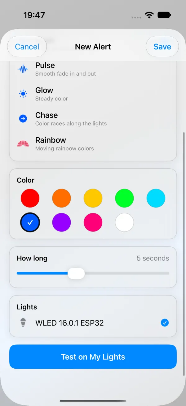 New Alert scrolled down: color swatches, How long set to 5 seconds, Lights with one light checked, and a blue Test on My Lights button