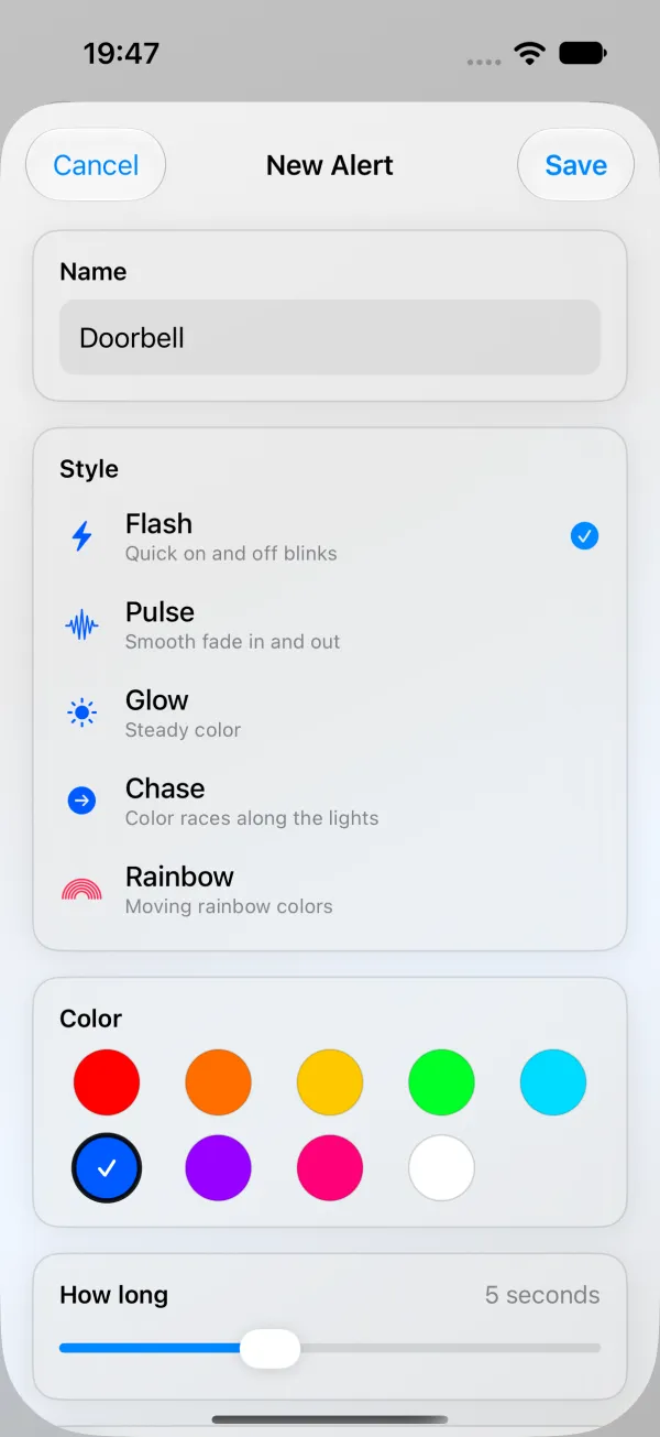 New Alert screen named Doorbell: Style list with Flash selected, then Pulse, Glow, Chase and Rainbow, nine color swatches with blue selected, and the How long slider at 5 seconds