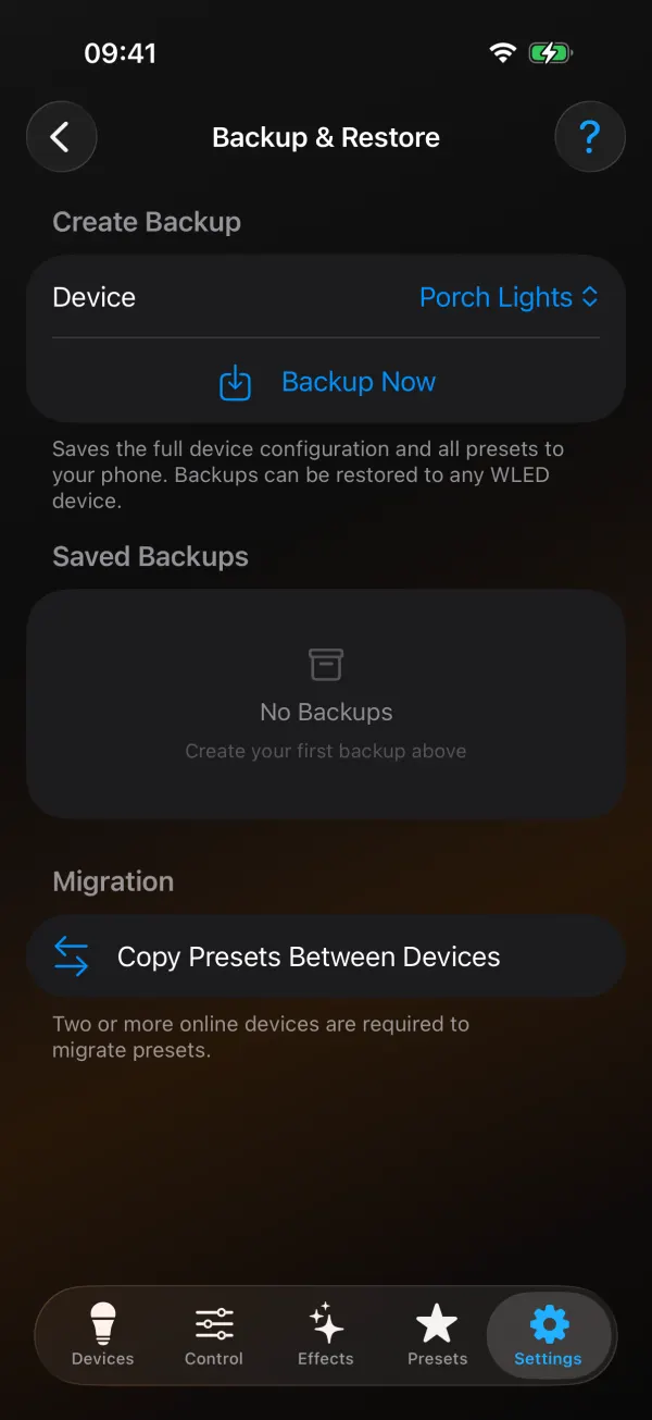 WLED Max Backup and Restore screen on iPhone: Create Backup for Porch Lights with Backup Now, no saved backups yet, and under Migration the Copy Presets Between Devices row with the note that two or more online devices are required