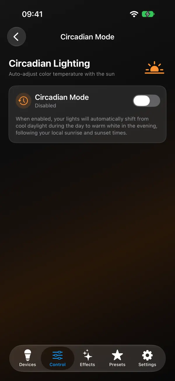 WLED Max Circadian Mode screen on iPhone before it is turned on: Circadian Lighting, Auto-adjust color temperature with the sun, a Circadian Mode switch set to Disabled and a short explanation