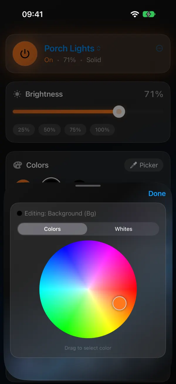 Color picker sheet editing the Background (Bg) slot, with Colors and Whites tabs and a color wheel
