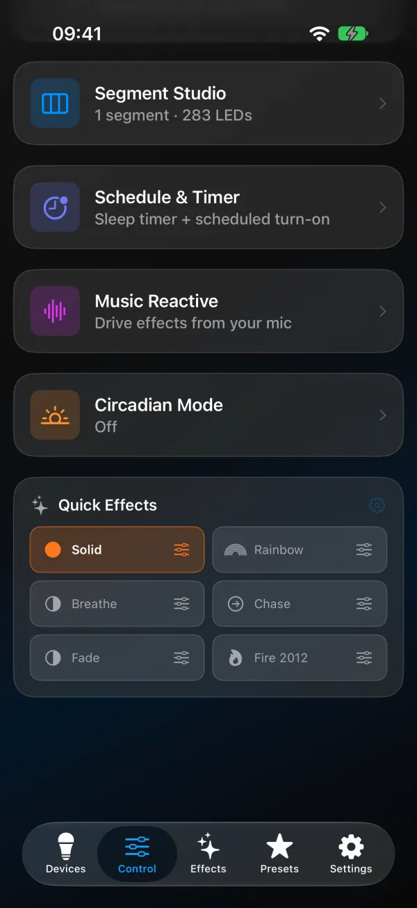 WLED Max Control tab scrolled to the feature tiles: Segment Studio, Schedule and Timer, Music Reactive (Drive effects from your mic), Circadian Mode, and Quick Effects