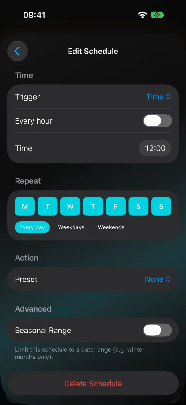 Edit Schedule screen: Trigger Time, Every hour switch, Time 12:00, Repeat day buttons M to S with Every day, Weekdays and Weekends, Action Preset, Seasonal Range switch, Delete Schedule