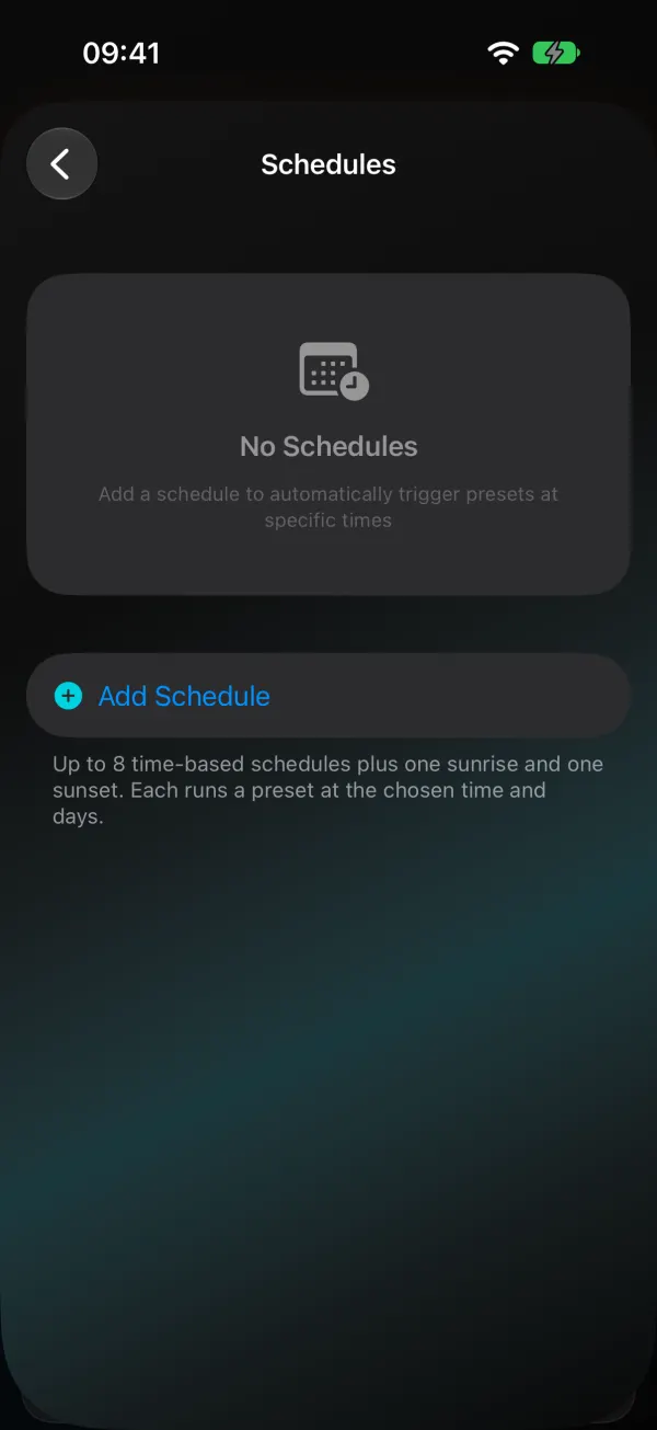 WLED Max Schedules screen in Device Settings: No Schedules, an Add Schedule button, and the note Up to 8 time-based schedules plus one sunrise and one sunset