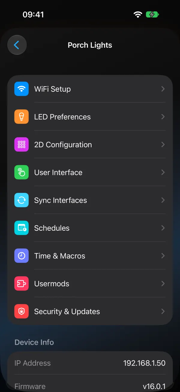WLED Max Device Settings list: WiFi Setup, LED Preferences, 2D Configuration, User Interface, Sync Interfaces, Schedules, Time and Macros, Usermods, Security and Updates, then Device Info with the IP address