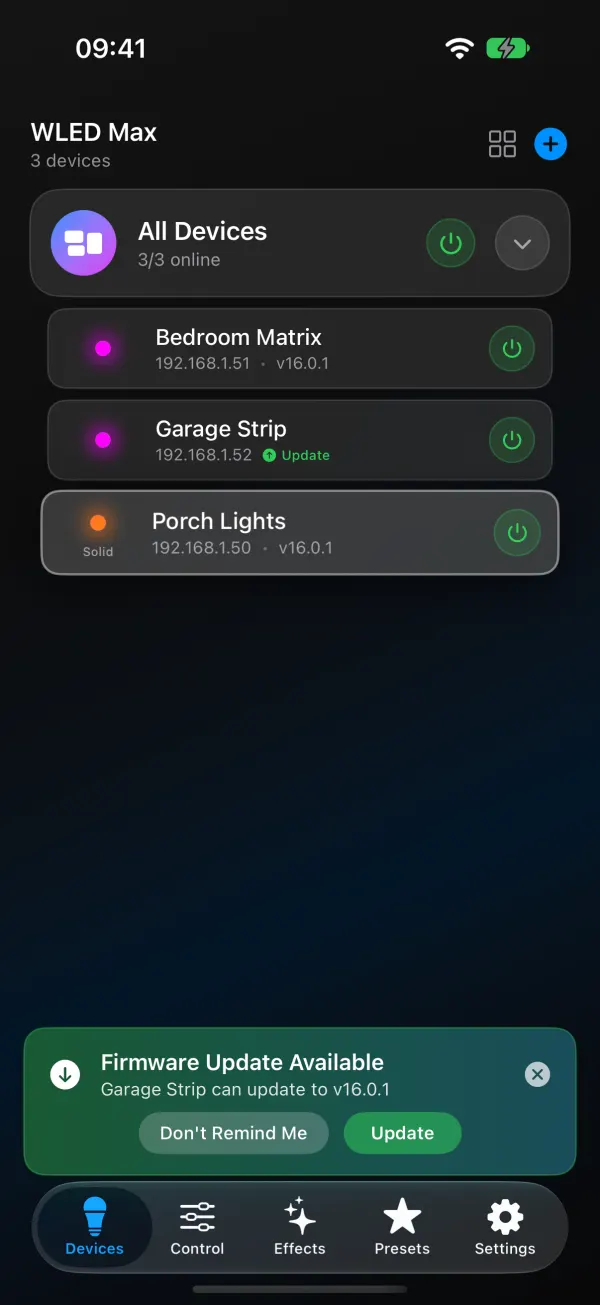 WLED Max Devices tab listing Bedroom Matrix, Garage Strip and Porch Lights under All Devices, each with its IP address and a power button