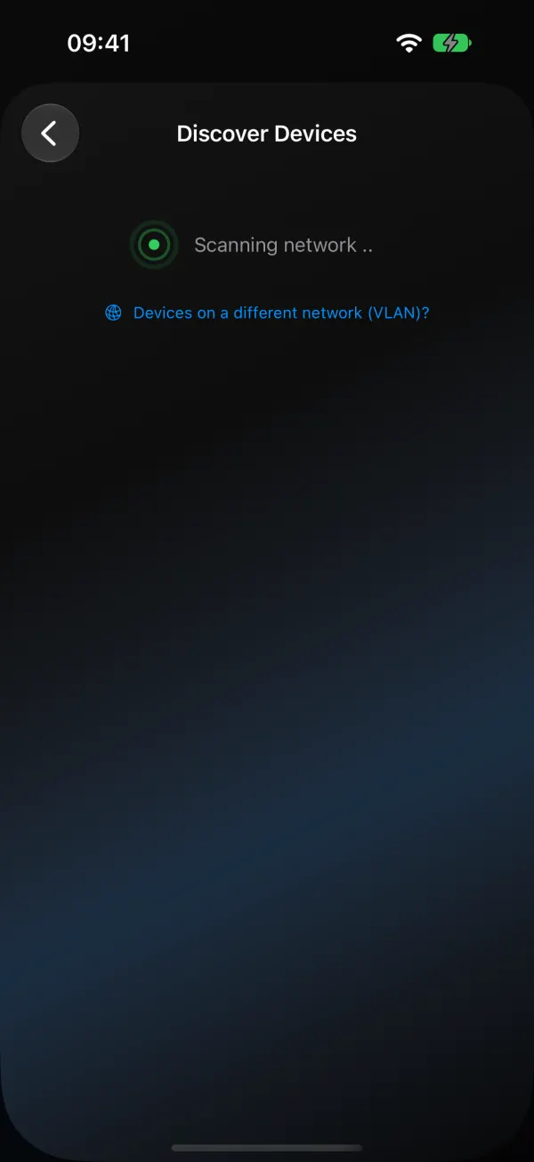 WLED Max Discover Devices screen showing Scanning network and a link reading Devices on a different network (VLAN)?