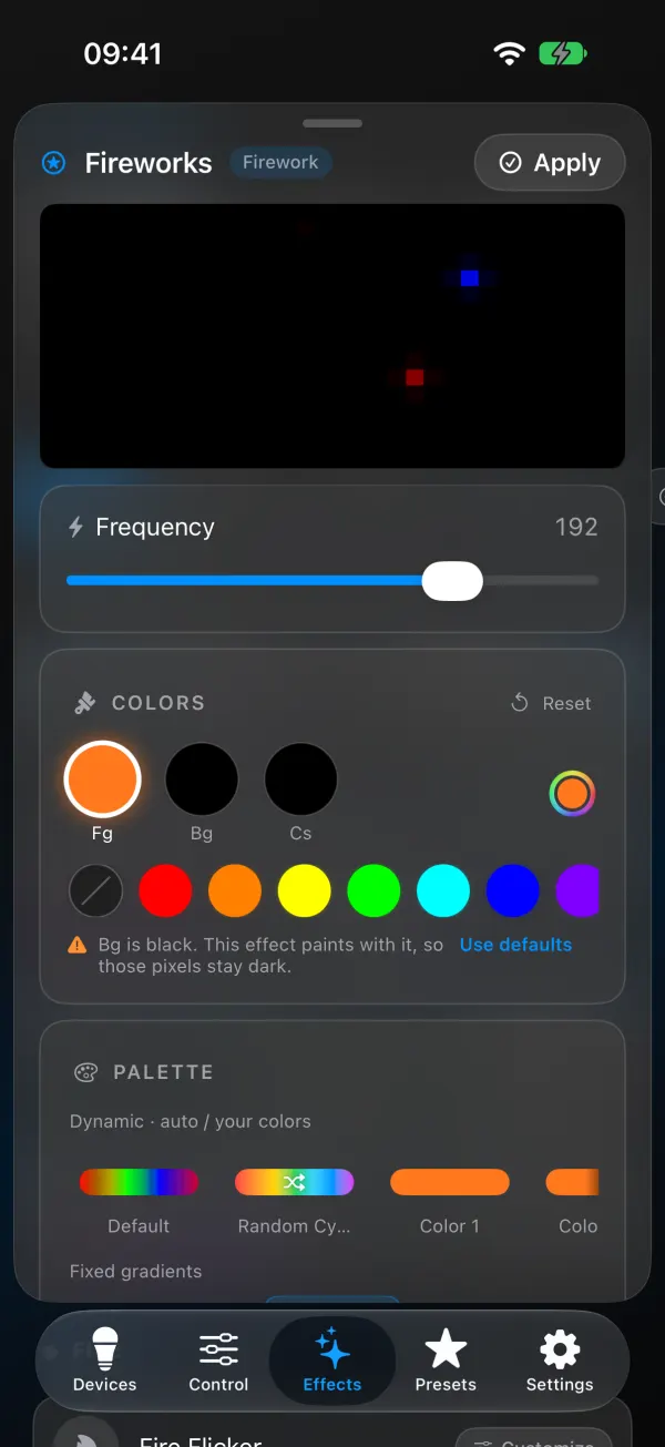 Customize sheet for the Fireworks effect: a matrix preview, a Frequency slider, Colors with Fg, Bg and Cs, a hint that Bg is black, the Palette chooser, and an Apply button at the top