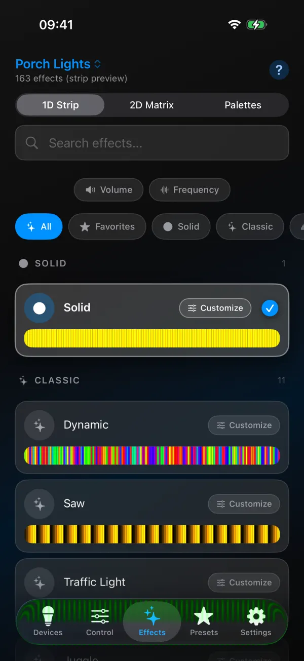 WLED Max Effects tab on iPhone, 1D Strip view: 163 effects, Search effects box, Volume and Frequency filters, category chips All, Favorites, Solid and Classic, then effects like Solid, Dynamic, Saw and Traffic Light, each with an animated strip preview and a Customize button