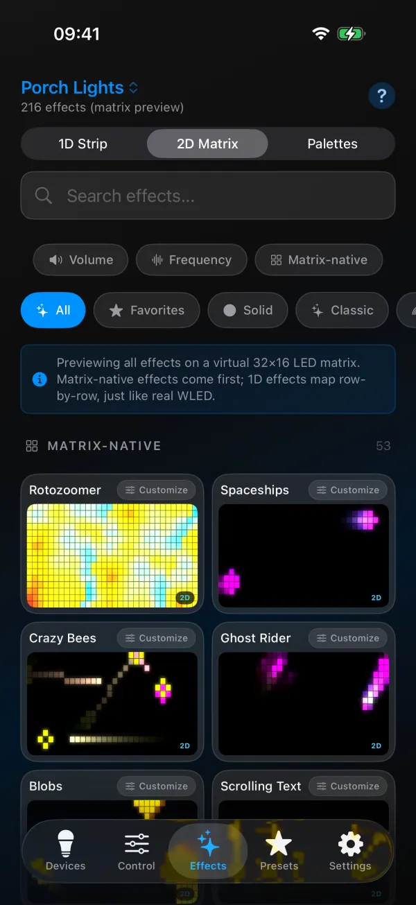 Effects tab, 2D Matrix view: 216 effects in matrix preview, Volume, Frequency and Matrix-native filters, chips All, Favorites, Solid and Classic, a note about the virtual 32 by 16 matrix, and a grid of Matrix-native effects like Rotozoomer, Spaceships, Crazy Bees and Ghost Rider