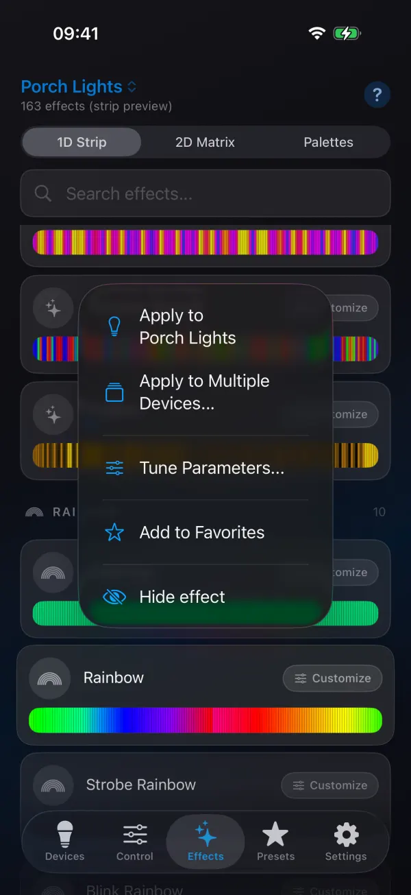 Effects tab with the menu of the Rainbow effect open: Apply to Porch Lights, Apply to Multiple Devices, Tune Parameters, Add to Favorites and Hide effect