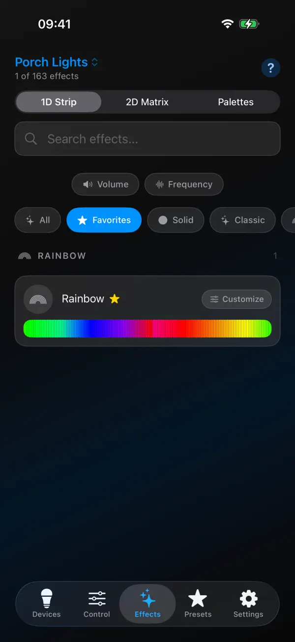 Effects tab with the Favorites chip selected: 1 of 163 effects, showing Rainbow with a star next to its name