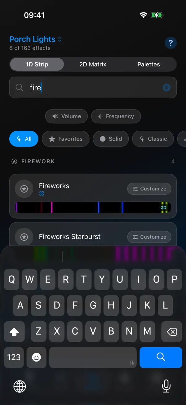 Effects search with fire typed: 8 of 163 effects, filters and category chips above, showing Fireworks and Fireworks Starburst