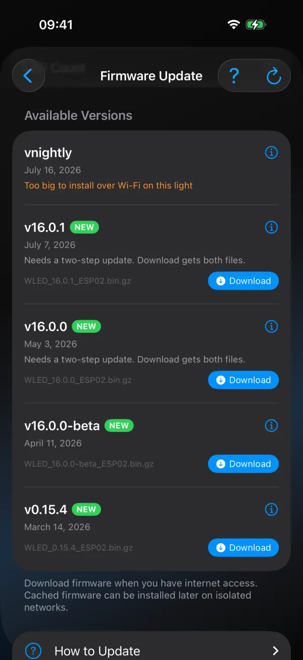 Firmware Update list for an ESP02 light: under Available Versions a nightly marked Too big to install over Wi-Fi on this light, then v16.0.1 and v16.0.0, each marked Needs a two-step update. Download gets both files, then v16.0.0-beta and v0.15.4, each with a Download button