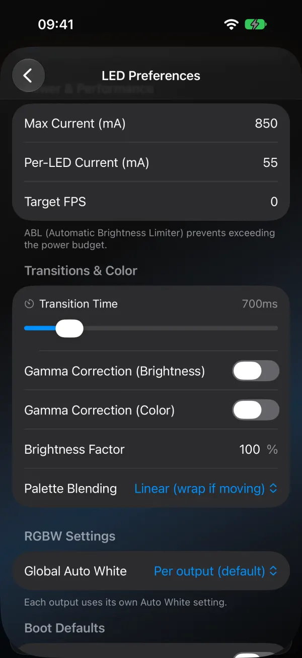 WLED Max LED Preferences scrolled to Power and Performance: Max Current 850 mA, Per-LED Current 55 mA, Target FPS, then transition and gamma settings