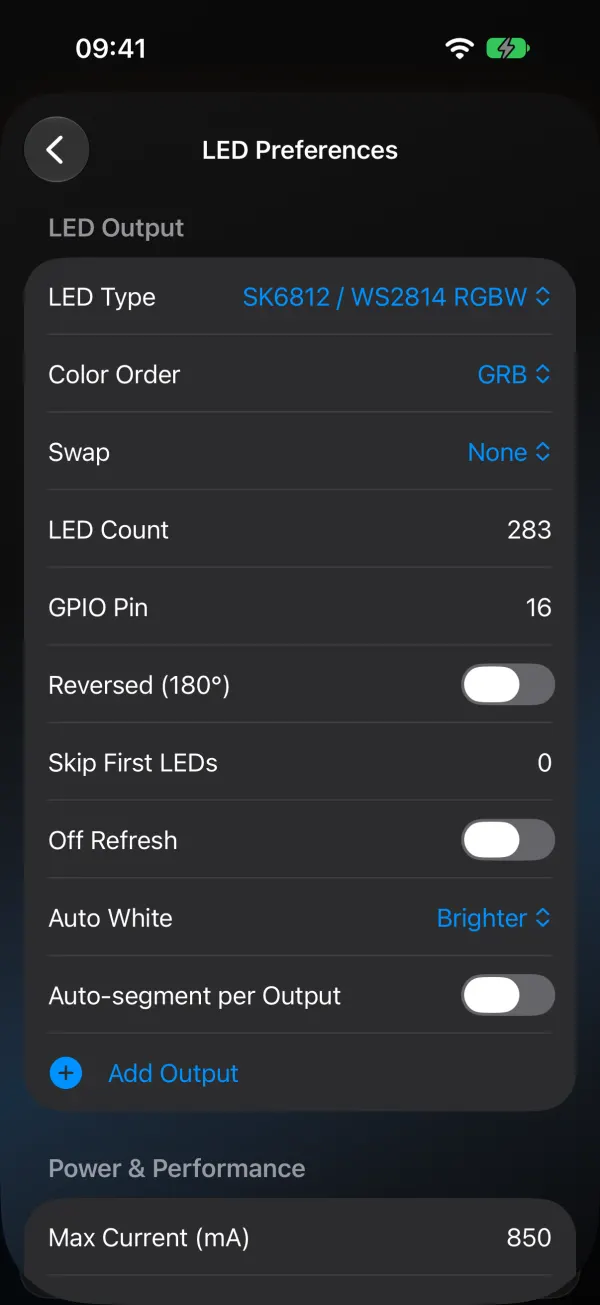 WLED Max LED Preferences: LED Type SK6812/WS2814 RGBW, Color Order GRB, Swap None, LED Count 283, GPIO Pin 16, Reversed, Skip First LEDs 0, Off Refresh, Auto White Brighter, and an Add Output button
