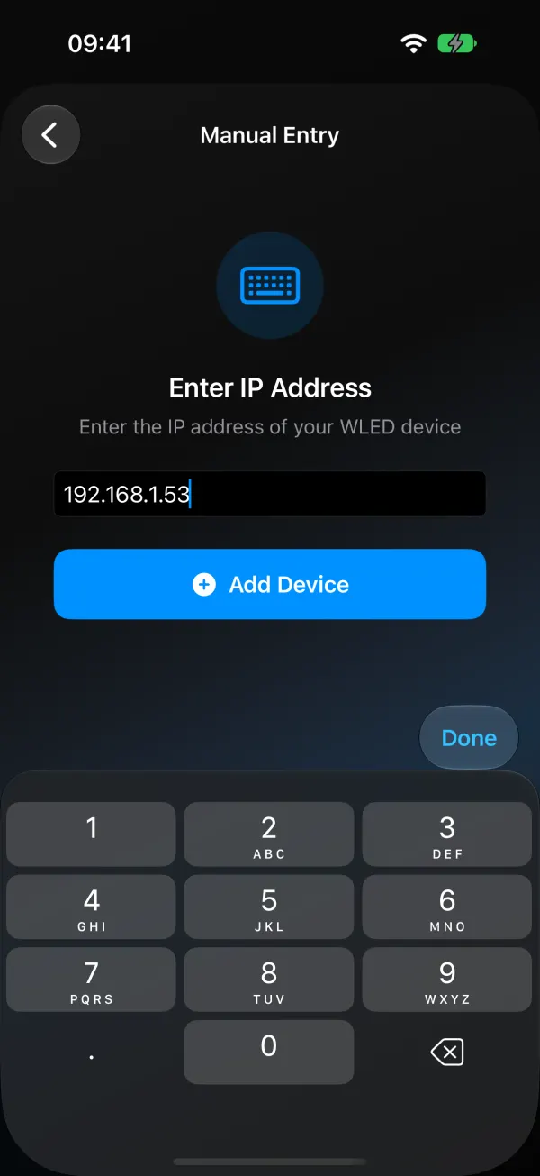 WLED Max Manual Entry screen titled Enter IP Address, with 192.168.1.53 typed in and an Add Device button above the number pad