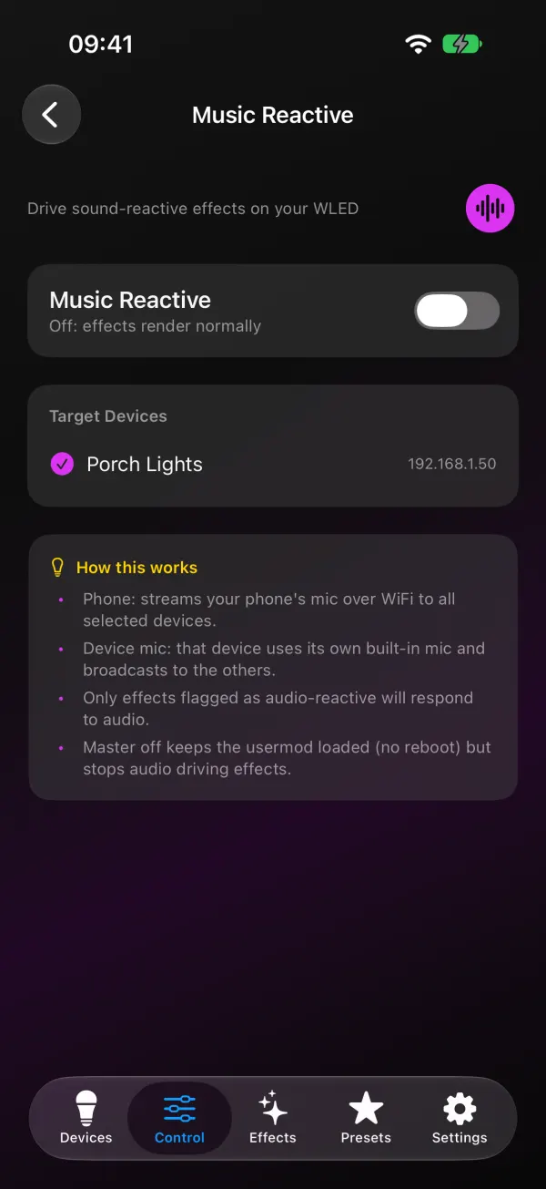 WLED Max Music Reactive screen on iPhone before it is switched on: Music Reactive toggle off, Target Devices with Porch Lights 192.168.1.50 ticked, and a How this works box about phone mic versus device mic