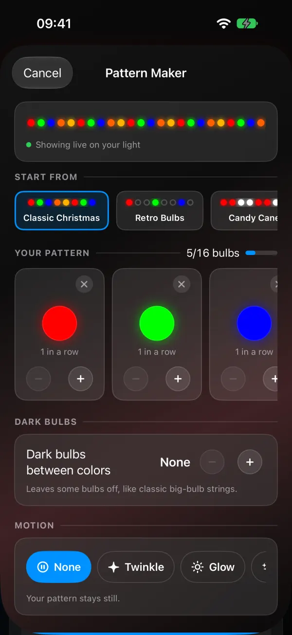 WLED Max Pattern Maker with the Classic Christmas template: live strip preview, templates, color cards and motion choices