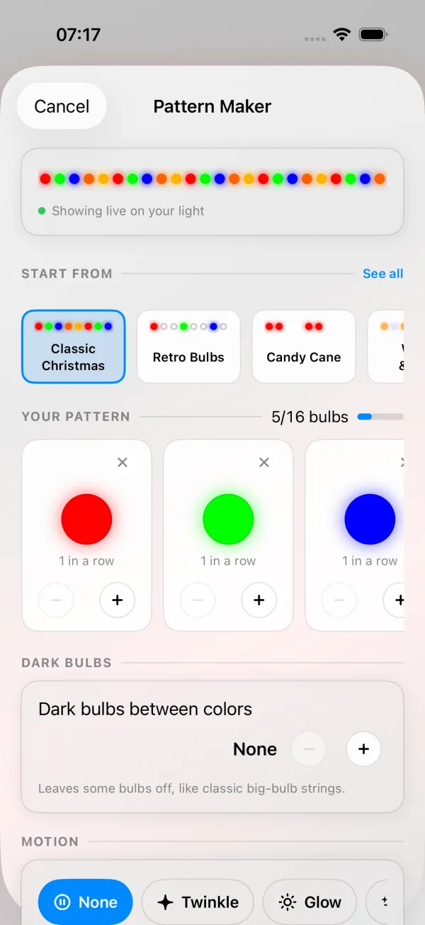 WLED Max Pattern Maker on iPhone: a preview strip of red, green, blue, orange and gold bulbs marked Showing live on your light, a START FROM row with Classic Christmas selected, Retro Bulbs and Candy Cane, a See all link, YOUR PATTERN at 5/16 bulbs with a card per color, and the Dark bulbs and Motion sections below