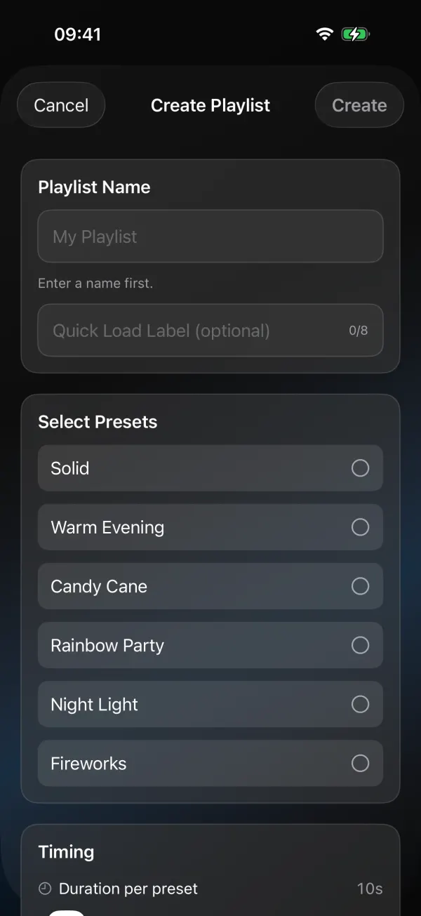 Create Playlist sheet in WLED Max on iPhone: Playlist Name field with the hint Enter a name first, a Quick Load Label field, a Select Presets list with Solid, Warm Evening, Candy Cane, Rainbow Party, Night Light and Fireworks, and Timing below