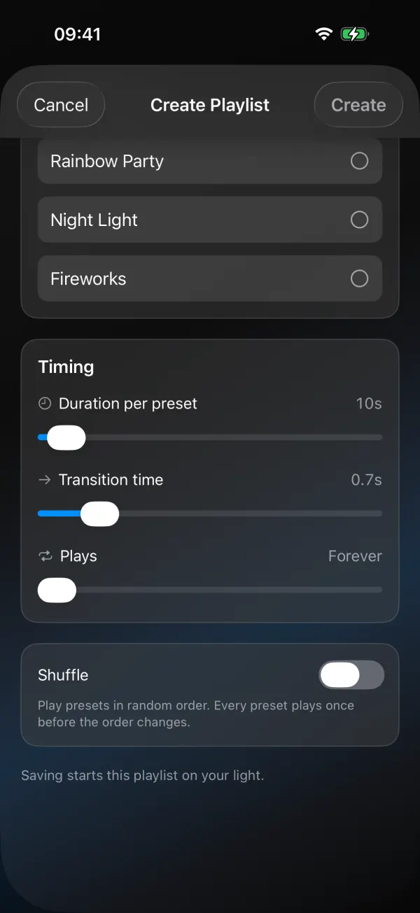 Create Playlist scrolled down: Duration per preset 10s, Transition time 0.7s, Plays Forever, and a Shuffle switch with the text Play presets in random order. Every preset plays once before the order changes.