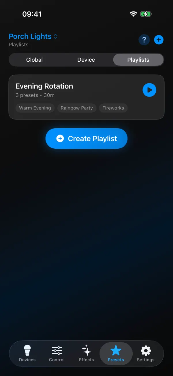 Presets tab in WLED Max with Playlists selected at the top: Evening Rotation, 3 presets, 30m, with chips for Warm Evening, Rainbow Party and Fireworks, a play button, and a Create Playlist button