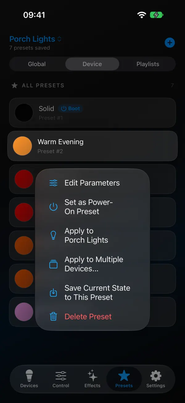 Long-press menu on the Warm Evening preset: Edit Parameters, Set as Power-On Preset, Apply to Porch Lights, Apply to Multiple Devices, Save Current State to This Preset, Delete Preset