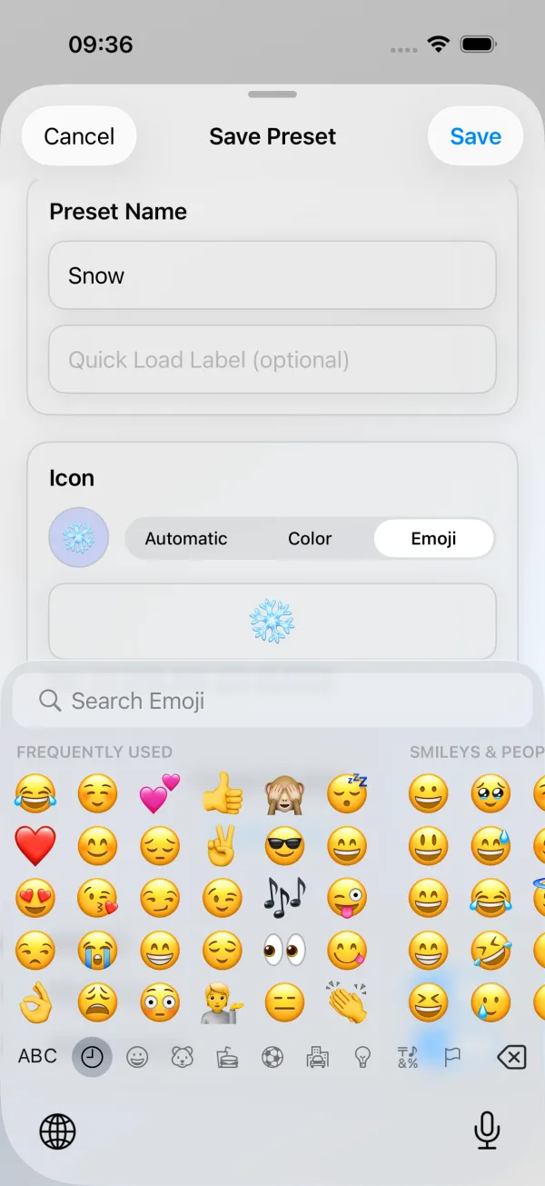 Save Preset sheet in WLED Max: Preset Name Snow, an empty Quick Load Label field, and an Icon card set to Emoji with a snowflake, with the emoji keyboard open below
