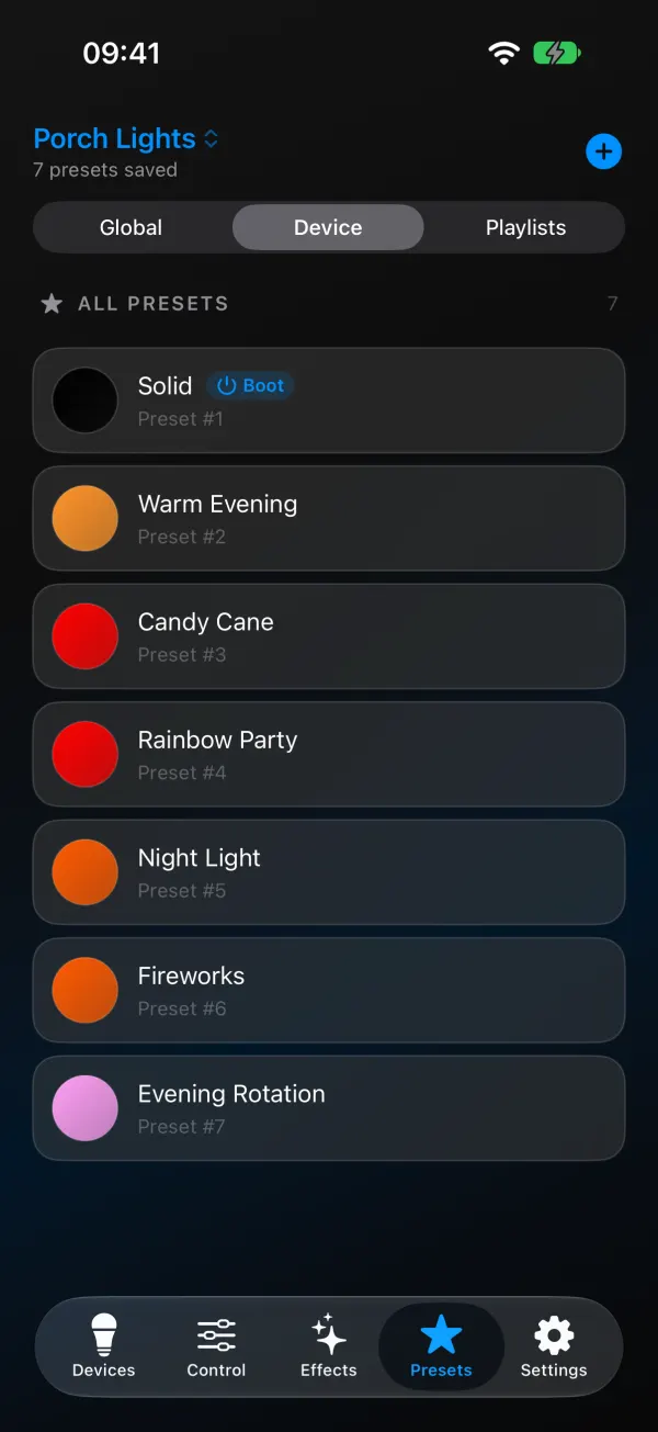 WLED Max Presets tab on iPhone, Device selected: seven presets with color dots, Solid marked Boot, then Warm Evening, Candy Cane, Rainbow Party, Night Light, Fireworks and Evening Rotation