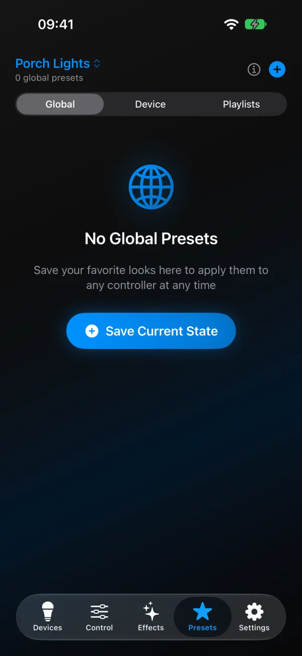 Presets tab with Global selected, showing No Global Presets and a Save Current State button