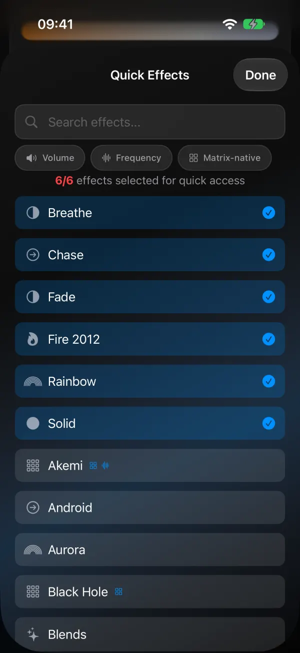 Quick Effects editor with a search field, filters, the note 6/6 effects selected for quick access, and a list with Breathe, Chase, Fade, Fire 2012, Rainbow and Solid checked