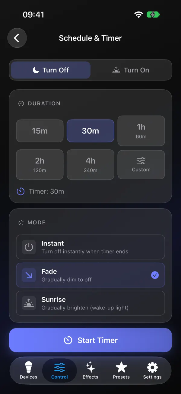 Schedule and Timer screen in WLED Max, Turn Off tab: duration buttons 15m, 30m (selected), 1h, 2h, 4h and Custom, Timer: 30m, mode list Instant, Fade (selected) and Sunrise, and a Start Timer button