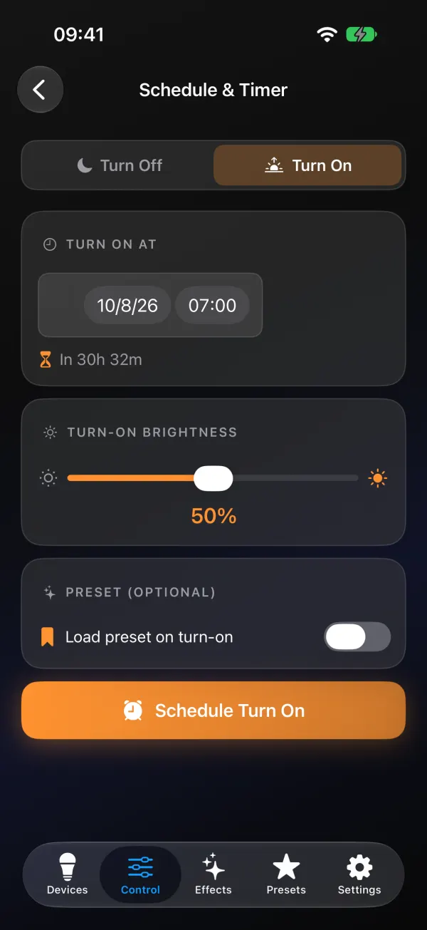 Turn On tab: Turn On At with a date and 07:00, Turn-On Brightness slider at 50%, Load preset on turn-on switch, and an orange Schedule Turn On button