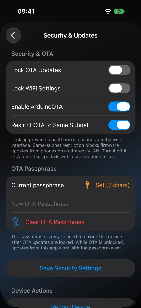 WLED Max Security and Updates screen: Lock OTA Updates off, Lock WiFi Settings off, Enable ArduinoOTA on, Restrict OTA to Same Subnet on, OTA passphrase set (7 chars)