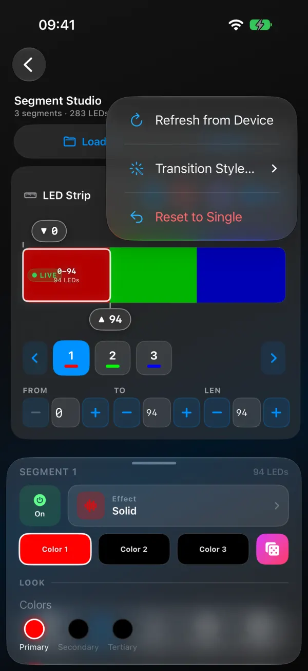 Segment Studio menu opened from the three dots: Refresh from Device, Transition Style and Reset to Single