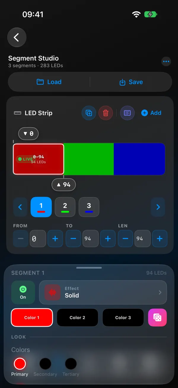 Segment Studio after 3 Equal: a red, green and blue bar, segment 1 selected covering 0 to 94, segment chips 1, 2 and 3, From, To and Len steppers, and the Segment 1 panel with effect and colors
