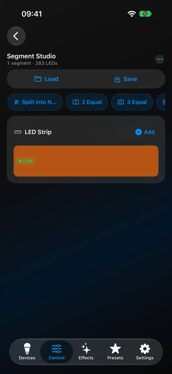 Segment Studio on iPhone with one segment of 283 LEDs: Load and Save buttons, Split into N, 2 Equal and 3 Equal chips, and a live LED Strip preview