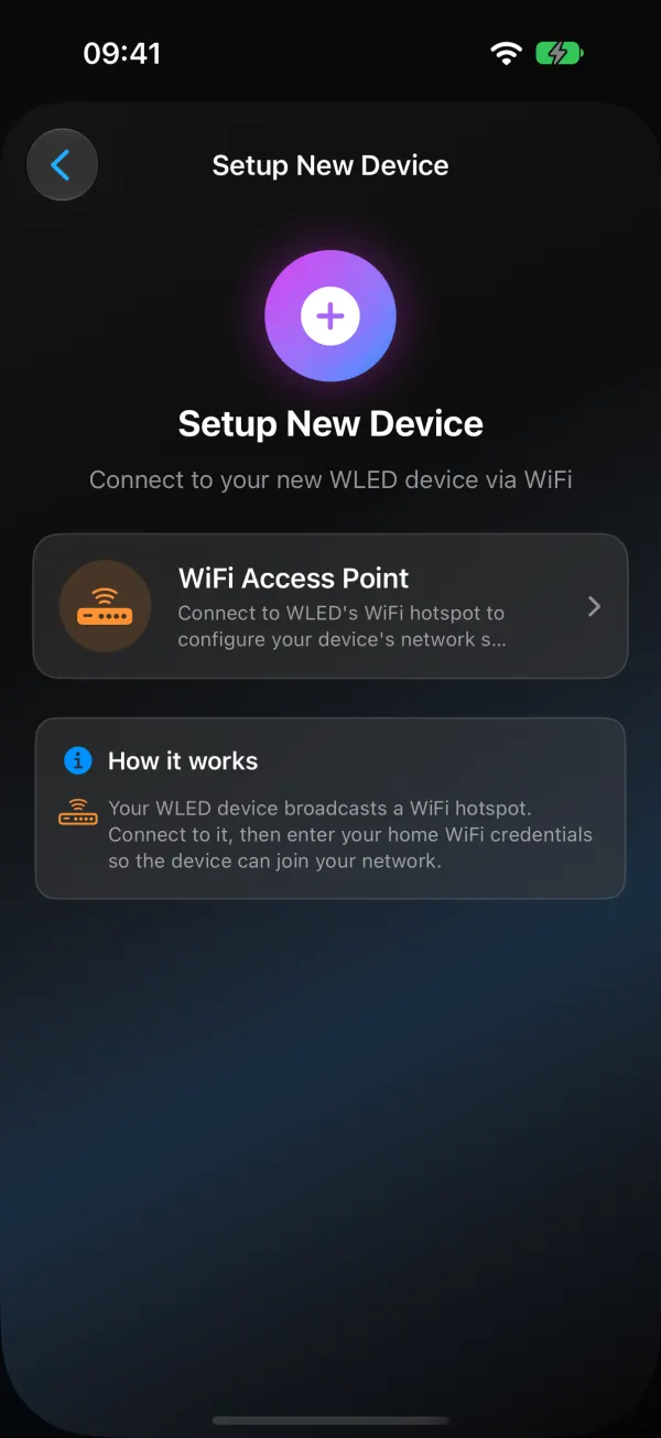 Setup New Device screen with a WiFi Access Point option and a How it works box explaining that the light broadcasts its own hotspot