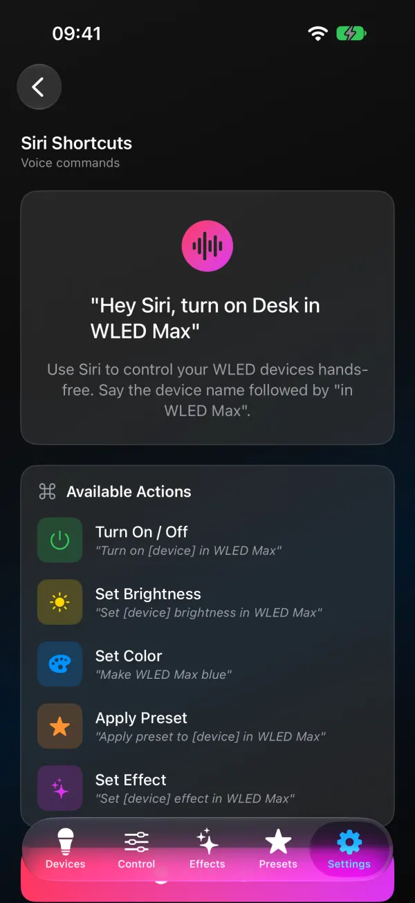 WLED Max Siri Shortcuts screen: the example phrase Hey Siri, turn on Desk in WLED Max, and Available Actions Turn On / Off, Set Brightness, Set Color, Apply Preset and Set Effect, each with a sample phrase