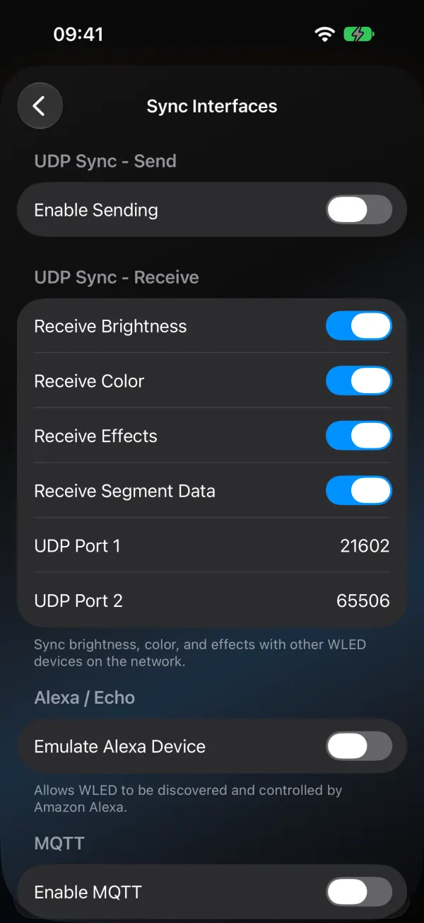 WLED Max Sync Interfaces: UDP Sync Send with Enable Sending off, UDP Sync Receive with Brightness, Color, Effects and Segment Data on, UDP ports, Alexa and MQTT