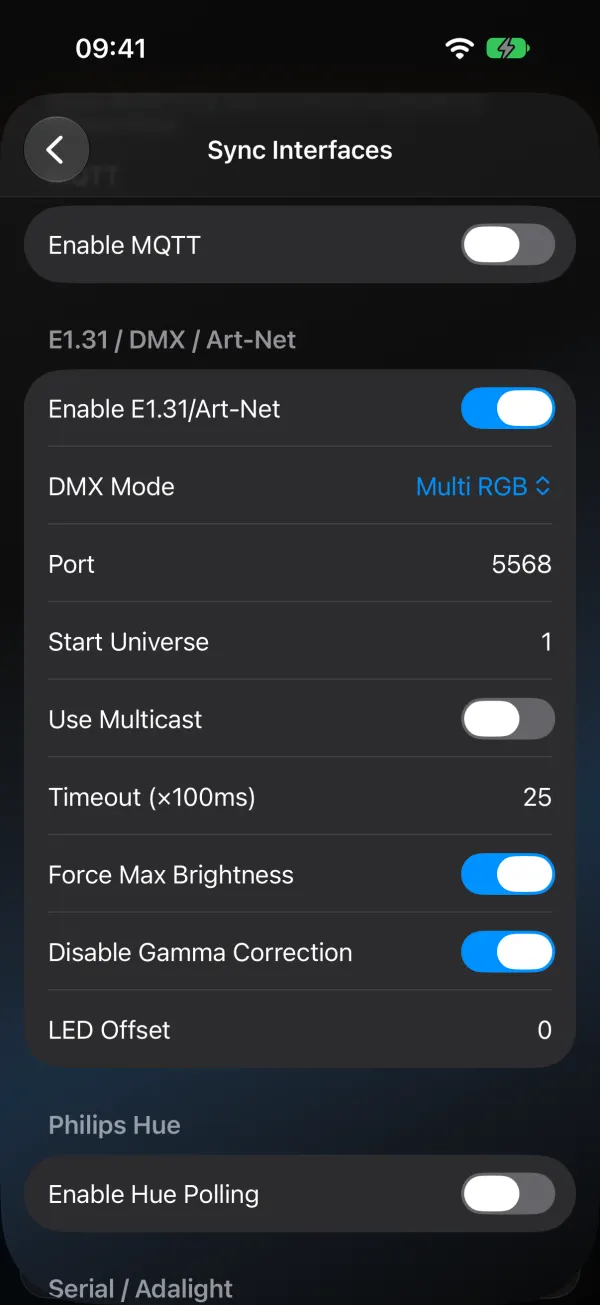 WLED Max Sync Interfaces scrolled to E1.31, DMX and Art-Net: enabled, DMX mode Multi RGB, port 5568, start universe 1, timeout 25, force max brightness on