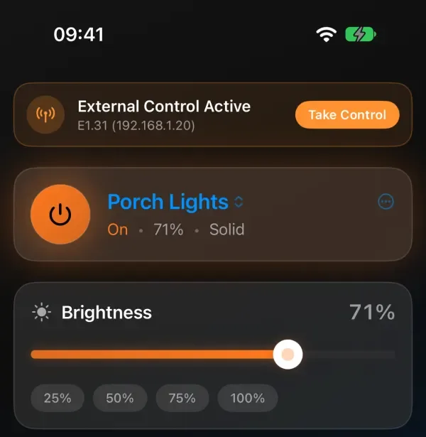 WLED Max Control tab with an orange banner reading External Control Active, E1.31 (192.168.1.20), and a Take Control button above the Porch Lights power card