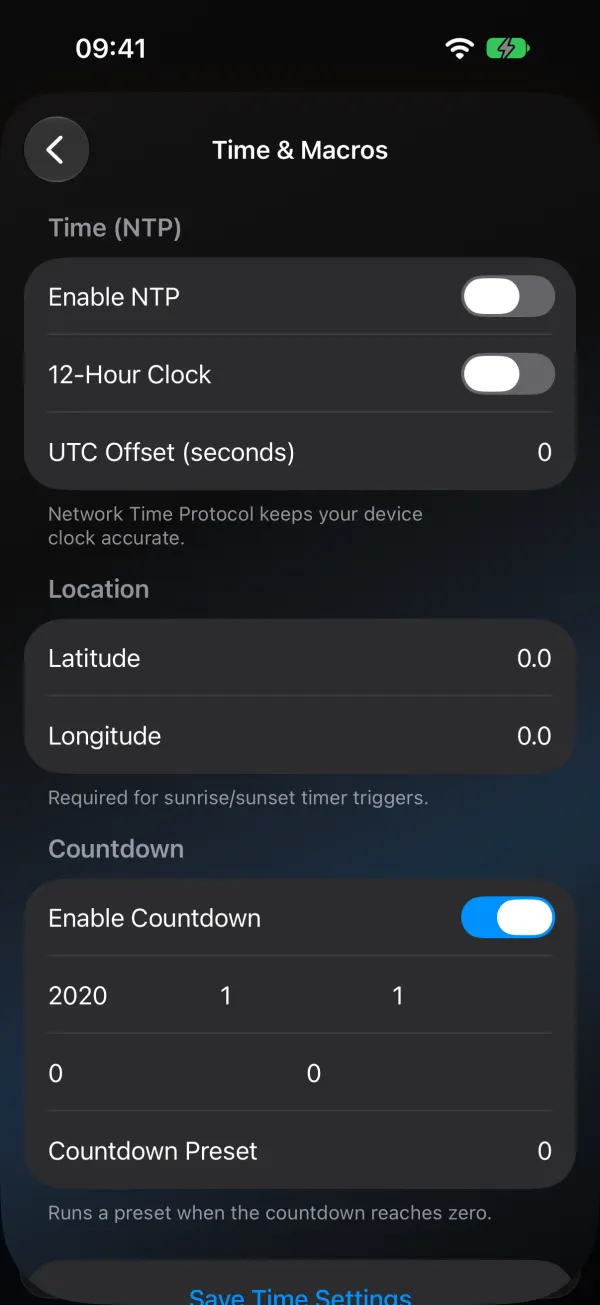 Time and Macros screen in WLED Max: Enable NTP, 12-Hour Clock, UTC Offset in seconds, Latitude and Longitude with the note Required for sunrise/sunset timer triggers, and a Countdown section