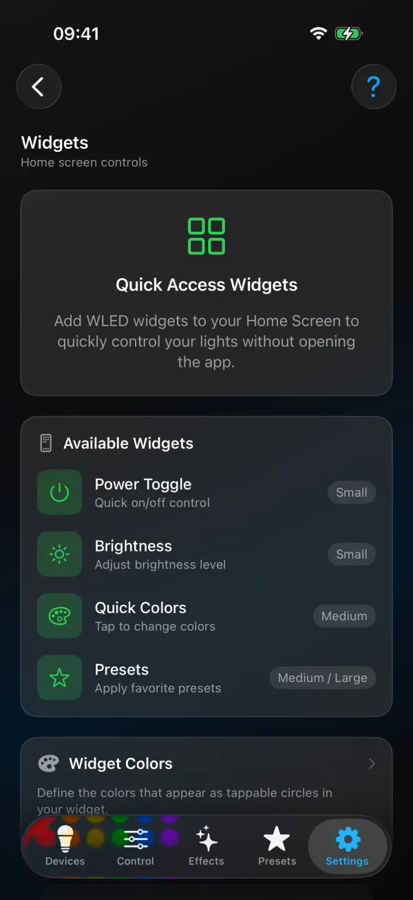 WLED Max Widgets page in App Preferences on iPhone: Quick Access Widgets heading, an Available Widgets list with sizes, and a Widget Colors row at the bottom