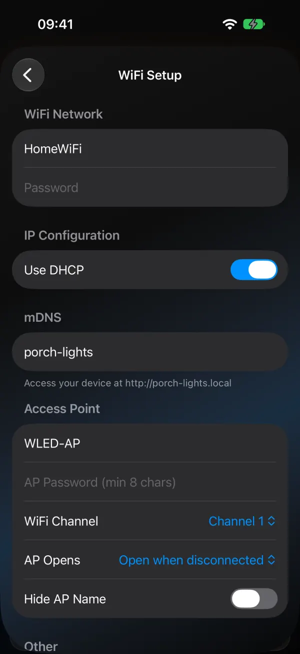 WLED Max WiFi Setup screen for a light: network HomeWiFi with a password field, IP Configuration with Use DHCP switched on, mDNS name porch-lights, and the WLED-AP access point settings