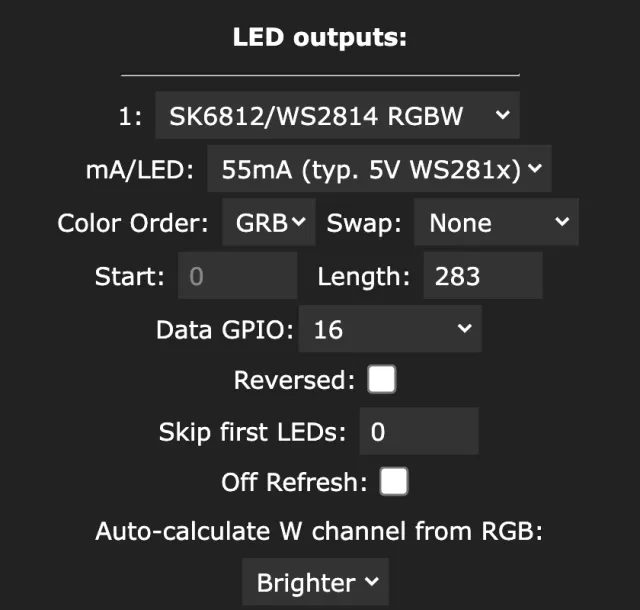 WLED LED outputs block: output 1 type SK6812/WS2814 RGBW, 55 mA per LED, color order GRB, start 0, length 283, data GPIO 16, Reversed, Skip first LEDs 0, Auto-calculate W channel set to Brighter