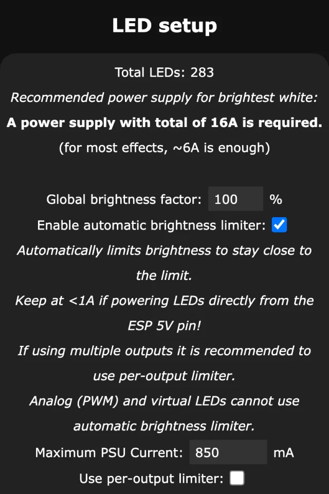 WLED LED setup page on a phone: total LEDs 283, recommended power supply note, Enable automatic brightness limiter ticked, Maximum PSU Current 850 mA, Use per-output limiter unticked