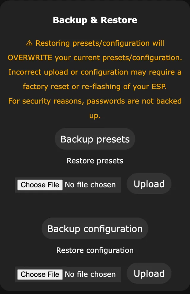 Backup and Restore section of WLED's Security and Updates page: warning text, Backup presets button, Restore presets with a file chooser and Upload, Backup configuration, Restore configuration